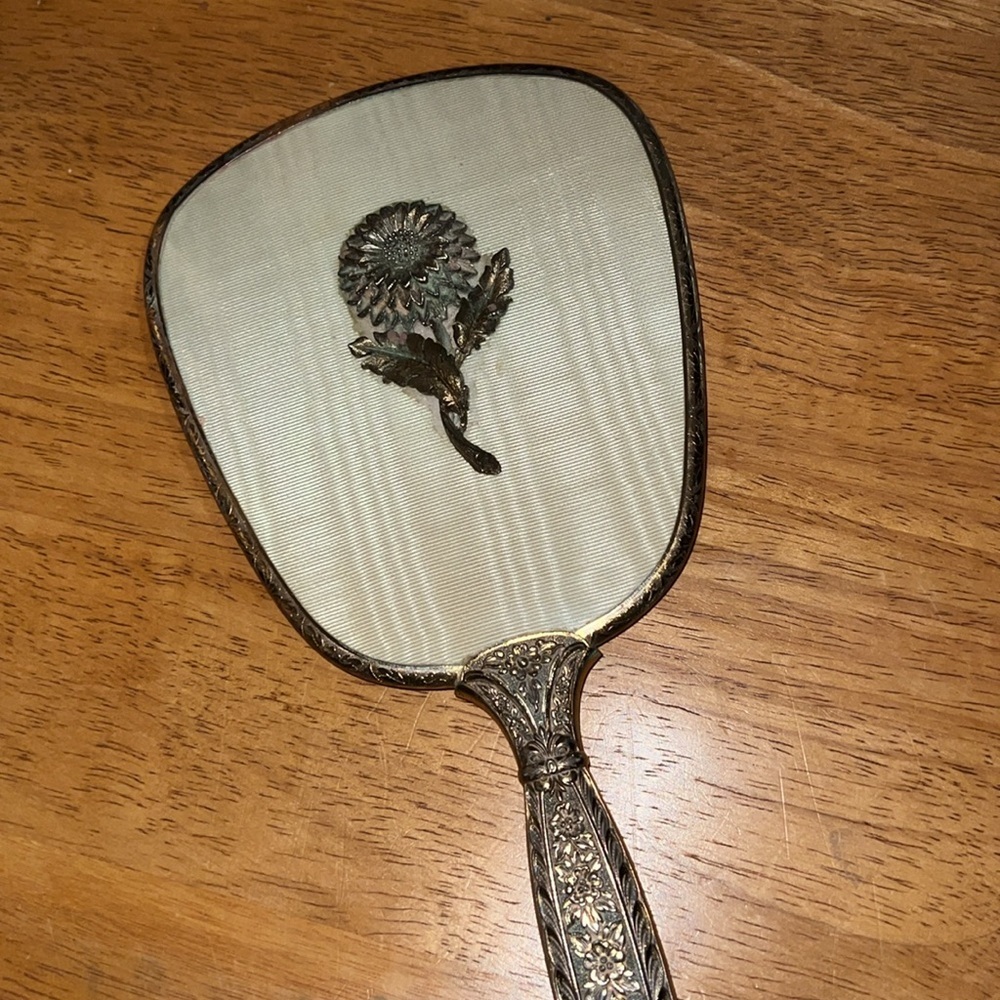 Vintage Matson 50’s Hand Held Vanity Gold Tone  Sunflower Mirror